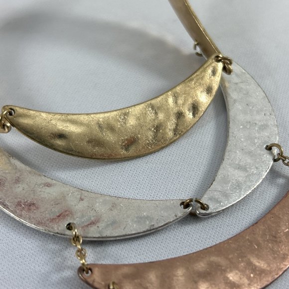 Hammered Copper Brass Silver Tone Bib Necklace Statement Brutalist Metal 15-19" - Picture 6 of 7